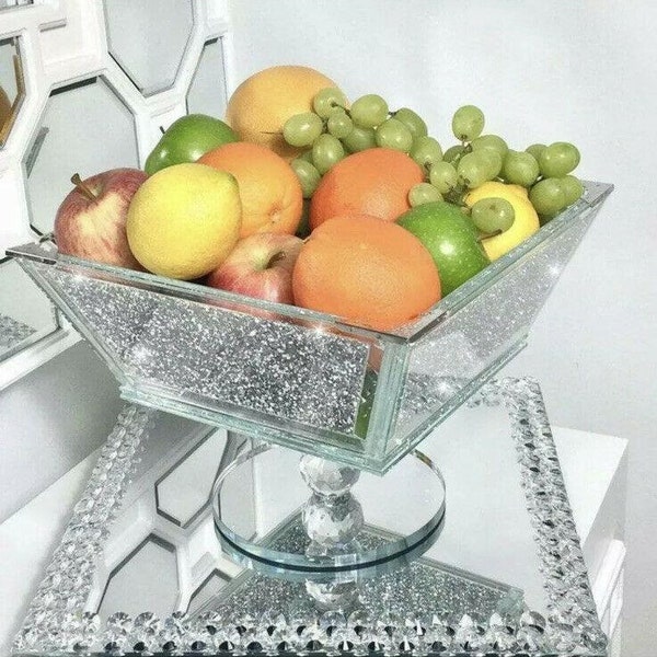 XXL Crushed Diamond Crystal Filled Fruit Bowl Silver Edges Kitchen(255063916347)