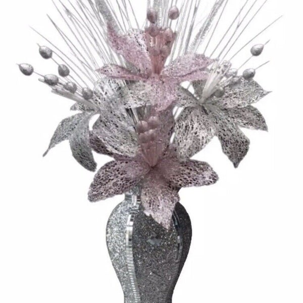 Silver Petals - Silver Vase With Pink Silver Flowers Mosaic Crushed Crystal Romany Bling Décor 30cm