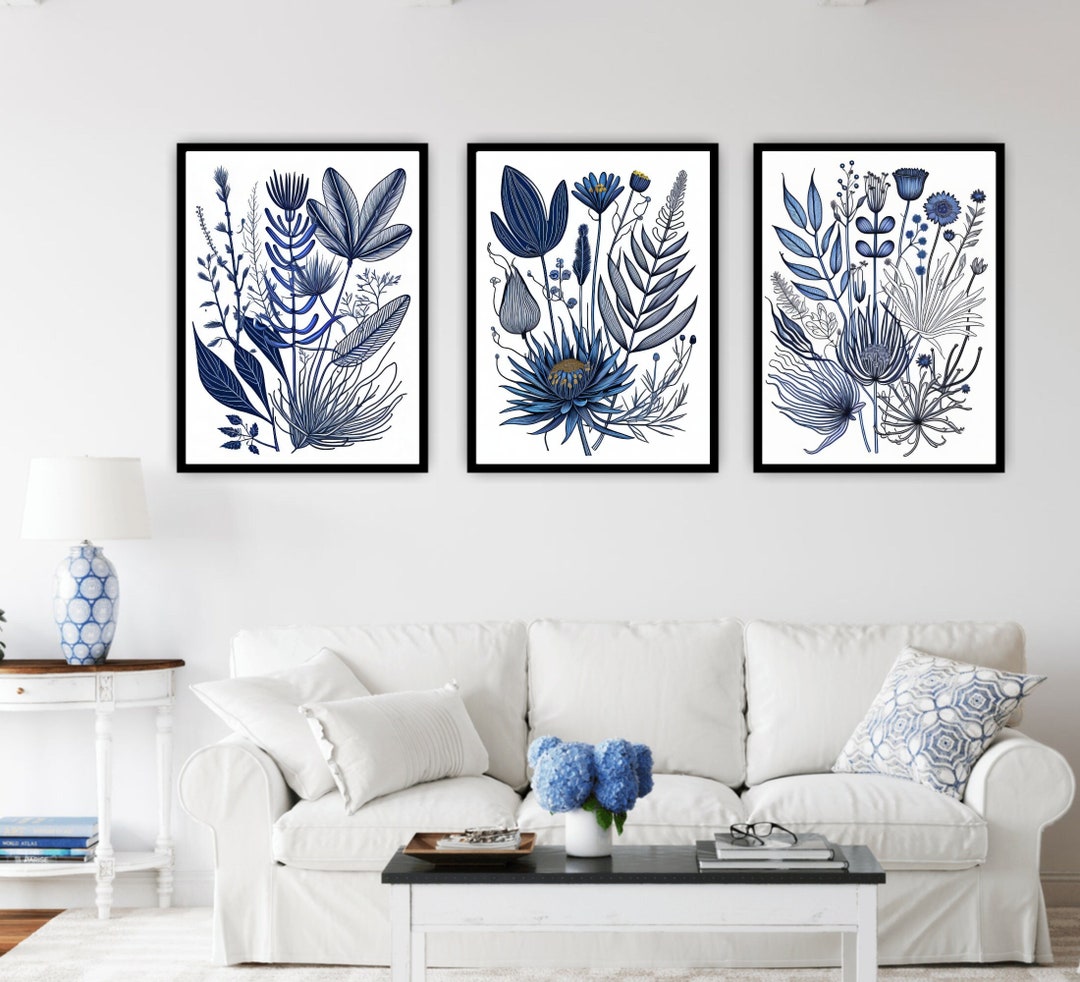 Printable Wall Art Blue and White Set of 3 Prints Navy Blue Set of ...