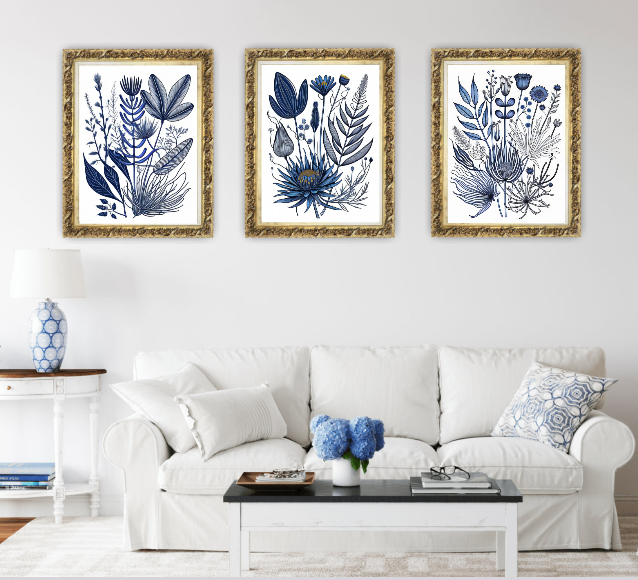Printable Wall Art Blue and White Set of 3 Prints Navy Blue Set of
