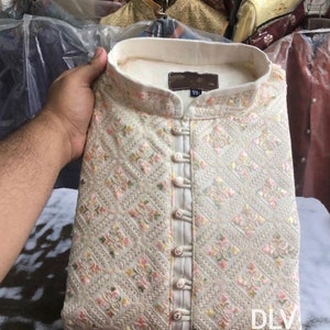 Ivory multi colour thread work kurta, kurta pajama for men,indian kurta for men, wedding outfit for men, indian menswear outfit, groomsmen