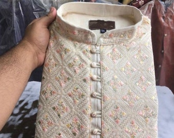 Kurta multicolore in avorio lavorato a mano, kurta pigiama per uomo, kurta indiano per uomo, abito da sposa per uomo, abito da uomo indiano, groomsmen