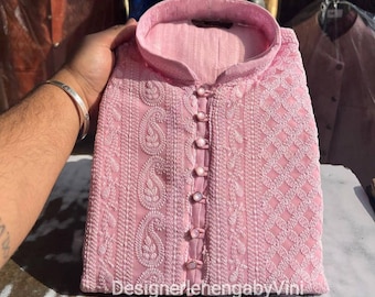 Zware chikankari handgemaakte kurta, kurta pyjama set voor mannen, Indiase kurta voor mannen, trouwoutfit voor mannen, bruiloft kurta pyjama, pakistaanse kurta