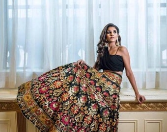 Navy blue velvet top with pure banarasi panneled lehenga choli for women Indian wedding dress lehenga choli lengha choli banarasi lengha