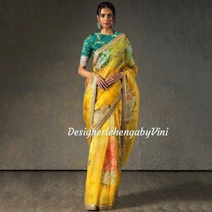 Floral printed organza sari with gold zari Georgette blouse indian saree indian dress anarkali suit Indian dress indian bridesmaid dress