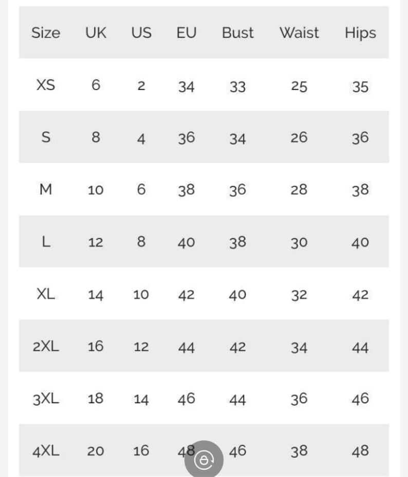 May include: Size chart for clothing with measurements in US, UK, and EU sizes. The chart shows bust, waist, and hip measurements for sizes XS to 4XL.
