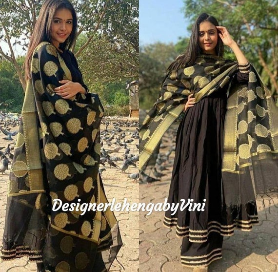 Yellow Color Anarkali Gown With Banarasi Dupatta | Haldi ...