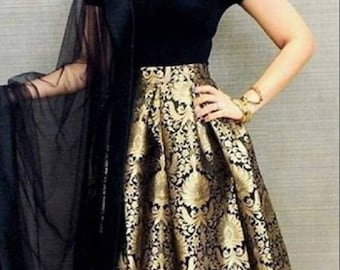 Brokaat lehenga choli met fluwelen top en chiffon dupatta banarasi lengha bruidsmeisjesjurken Indiase bruiloft lehenga crop top lehenga