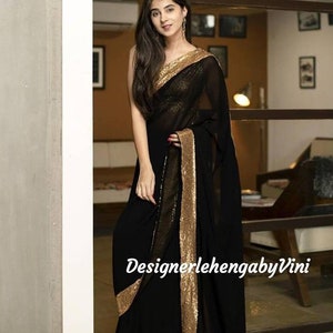 Black party wear saree Georgette saree with sequin border indian saree lengha choli indian dress anarkali suit Indian dress bridesmaid dress