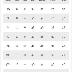 May include: Size chart for clothing with measurements in inches for bust, waist, and hips. The chart includes sizes XS through 4XL, with corresponding UK, US, and EU sizes.