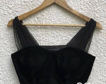 Designer black velvet blouse with sheer net sleeves fancy blouse readymade blouse Indian sari blouse lehenga blouse colors available.