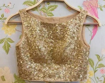 Blusa de lentejuelas para lehenga sari, blusa de diseñador, top corto, lengha choli, blusa pakistaní, blusa lehenga, blusa sari, blusa dorada, blusa beige
