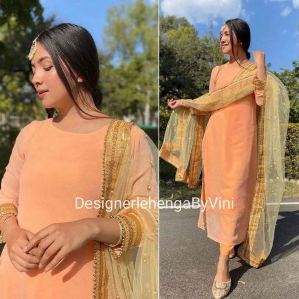 Peach Georgette salwar kameez with sequin net dupatta salwar suit set Indian wedding punjabi suits indian dress Gold dupatta ethnic dress