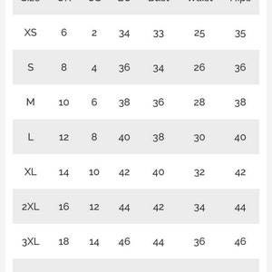 May include: Size chart for clothing with measurements in US, UK, and EU sizes. The chart shows bust, waist, and hip measurements for sizes XS to 4XL.
