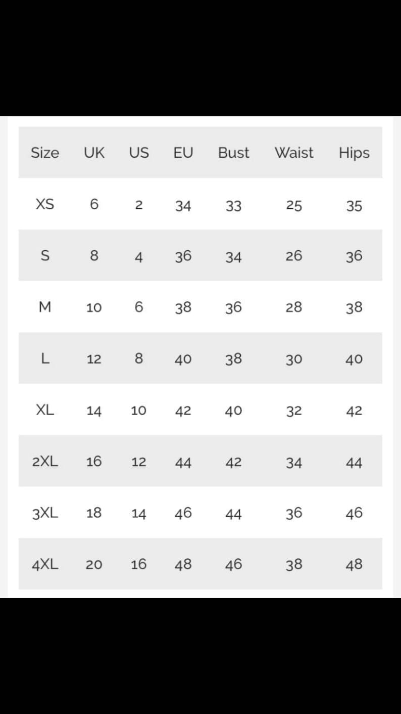 May include: Size chart for clothing with measurements in US, UK, and EU sizes. The chart shows bust, waist, and hip measurements for sizes XS to 4XL.