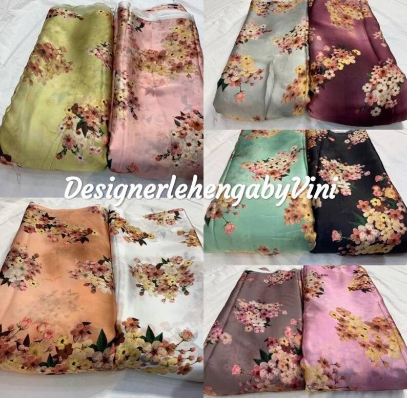 May include: Assortment of ten floral printed fabrics in various colors, including green, pink, white, orange, gray, and black. The fabric has a satin finish and features a floral print with a blurred effect. The fabric is arranged in pairs, with each pair featuring a different color and pattern. The text "Designerlehenga by Vini" is visible in the center of the image.