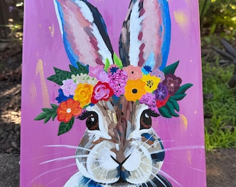 Rabbit Floral Crown Painting: Whimsical Bunny Portrait, 12x9 Canvas