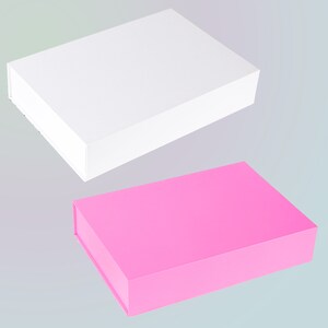 May include: Two rectangular gift boxes, one white and one bright pink, are displayed against a soft gray background. The boxes have a clean, minimalist design with a magnetic closure. The white box is positioned above the pink box.