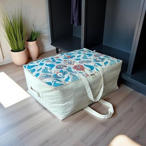 Handmade Printed Canvas Large Storage Under Bed Organizer with Dual Handles | Eco-Friendly closet de clutter bag for Sweater,Duvets,Blankets