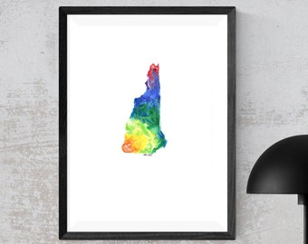 New Hampshire Watercolor Art Print Digital Download || Rainbow State Map