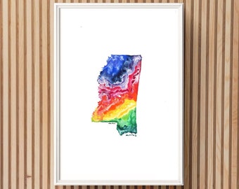 Mississippi aquarel Art Print digitale download || Overzicht staatskaart