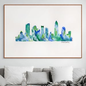 Arte de Charlotte, Carolina del Norte / Impresión de acuarela del horizonte / Arte de pared de galería / Regalo de Carolina del Norte / Silueta de Asheville / Descarga instantánea