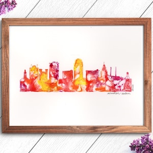 Winston Salem Skyline Watercolor Art Print North Carolina Sunset Version Digital Download