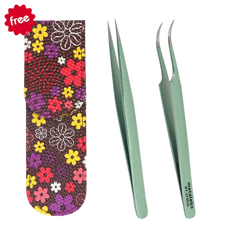 Eyelash Extension Tweezers With Metallic Light Green Powder Etsy