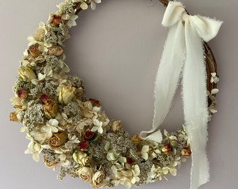 Heavenly Dried Flower Wreath. Bridal Hoop Bouquet. Natural Wreath. Home Decor, Wall Hanger. FREE 2nd class UK postage.