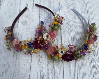Flower Mix Hair Bands, Wedding Dried Flower Alice Bands, Flower Headband, in 2 band colours.