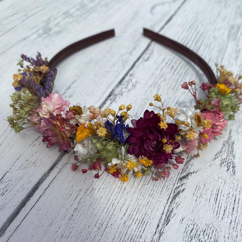 Flower Mix Hair Bands, Wedding Dried Flower Alice Bands, Flower Headband, in 2 band colours. Brown band - mix