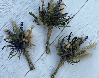 Thistle & Lavender Buttonholes, Wedding Dried Flowers, Corsage, Garden Flowers and Grasses.