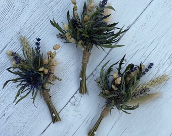 Thistle & Lavender Buttonholes, Wedding Dried Flowers, Corsage, Garden Flowers and Grasses.