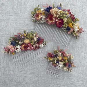 May include: Three hair combs decorated with dried flowers. The combs are made of clear plastic and have a comb-like design. The flowers are a mix of pink, red, yellow, white, and blue.