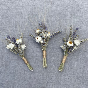 Rustic Lavender and Daisy Buttonholes, Wedding Dried Flower Buttonholes, Corsage.