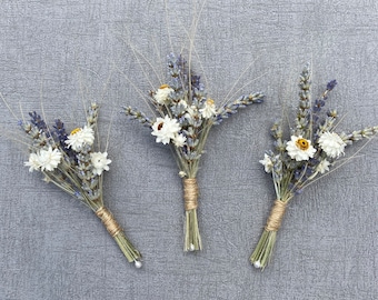 Rustic Lavender and Daisy Buttonholes, Wedding Dried Flower Buttonholes, Corsage.