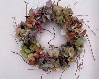 Petite Whispy Hydrangea Wreath Dried Flower Wreath. Wall Hanger.