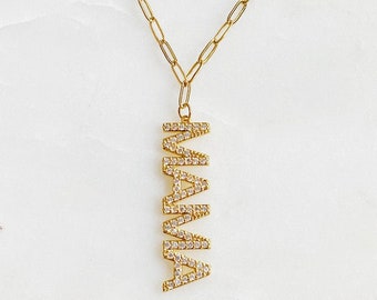 18K Gold Mama Drop Pendant Necklace with Edgy Link Chain