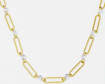 18K Gold Crystal Linked Chain Necklace with Clear Crystals