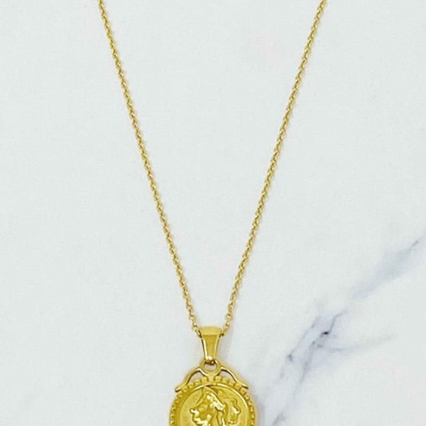 18K Gold Feminine Coin Necklace - Double Sided Pendant