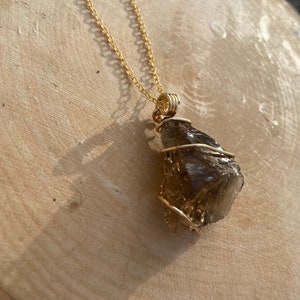 Natural real raw wire wrapped smoky quartz crystal necklace on gold plated chain