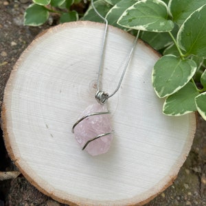 Real natural raw rose quartz wire wrapped necklace