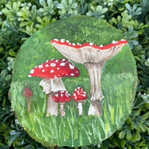 Original Mushroom oil painting on wood circle slab