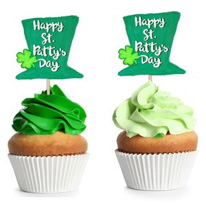 Printable St. Patrick&#39;s Day Cupcake Toppers - Happy St. Patty&#39;s Day - Green Leprechaun Hat - Hand Painted Party Decor