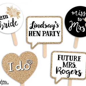 CUSTOM Hen Party Printable Photo Booth Props - Gold Black and White - Set of 12 Hand Lettered Signs - Personalized Name