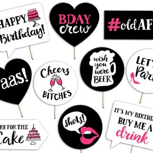 Funny Adult Birthday Printable Photo Booth Props - Pink Black and White - 10 Hand Lettered Signs - Alcohol Drinking Funny Photobooth