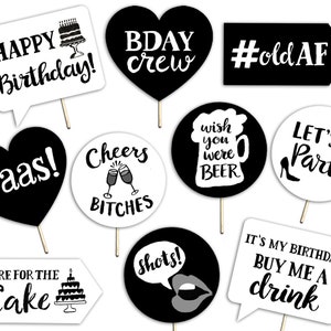 Funny Adult Birthday Printable Photo Booth Props - Black and White - 10 Hand Lettered Signs - Alcohol Drinking Funny Photobooth