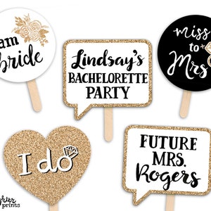 CUSTOM Bachelorette Party Printable Photo Booth Props - Gold Black and White - 12 Original Hand Painted Signs - Personalized Name