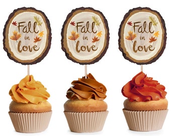 Printable Cupcake Toppers - Fall in Love - Hand Painted Wood Slices - Fall Party - Autumn Rustic Wedding