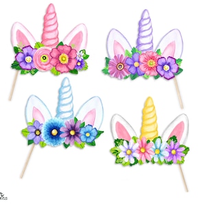 Printable Unicorn Crowns Party Photo Booth Props - 4 Headbands - Unicorn Horn and Ears - Boho Floral Photobooth Summer